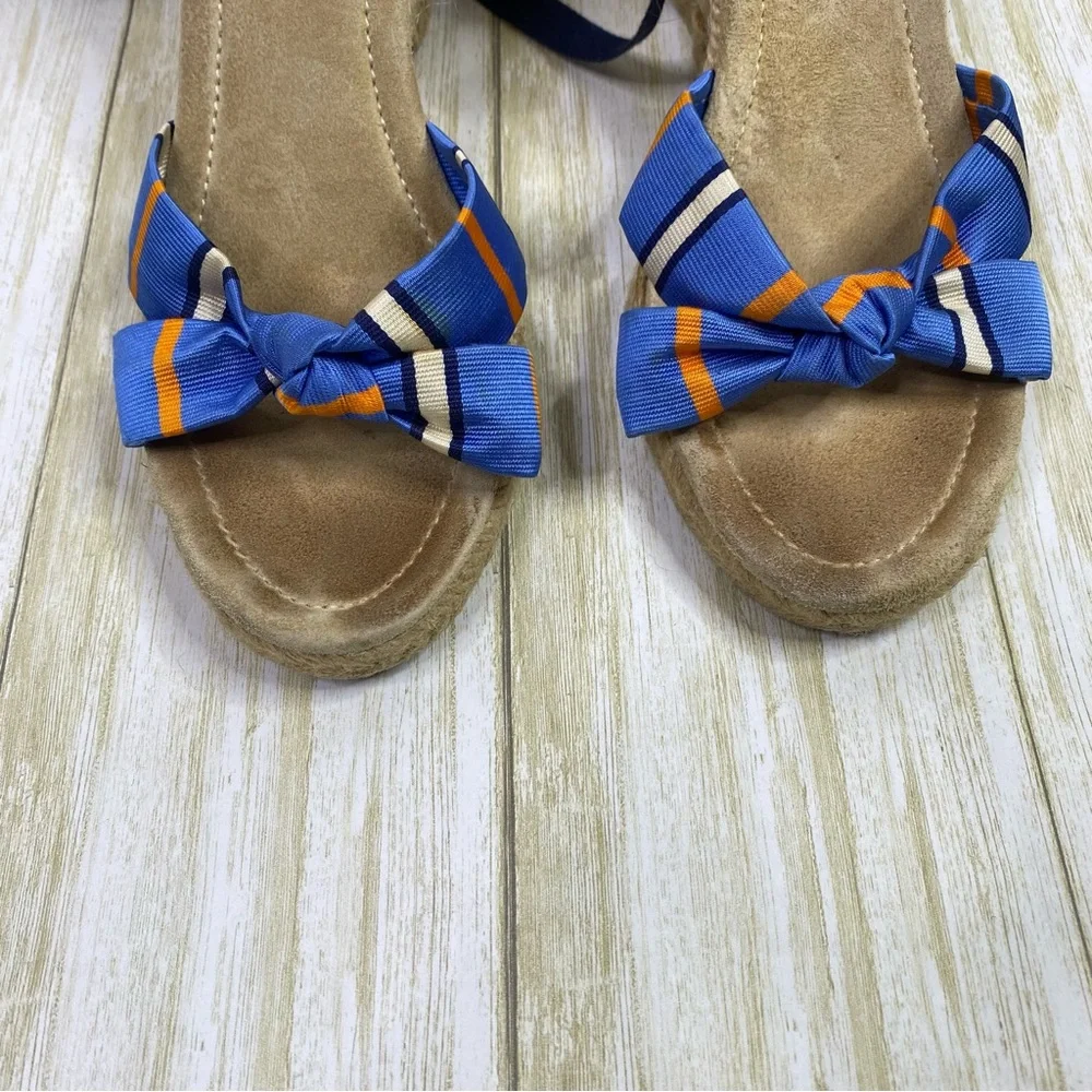 J. Crew Blue Striped Marianne Wrap Ankle Espadrille Wedge Sandals